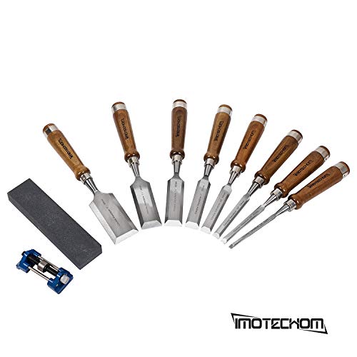 IMOTECHOM 10-Pieces Woodworking Wood Chisel Set with Wooden Box, Honing Guide, Sharpening Stone, Razor Sharp CR-V 60 Steel Blades