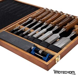 IMOTECHOM 10-Pieces Woodworking Wood Chisel Set with Wooden Box, Honing Guide, Sharpening Stone, Razor Sharp CR-V 60 Steel Blades