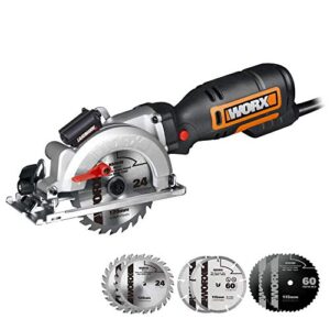 worx wx427l 6a 4-1/2" compact circular saw, hand-held corded electric circular saw w/laser cutting guide, 6 saw blades, ideal for wood, plastic & metal cutting
