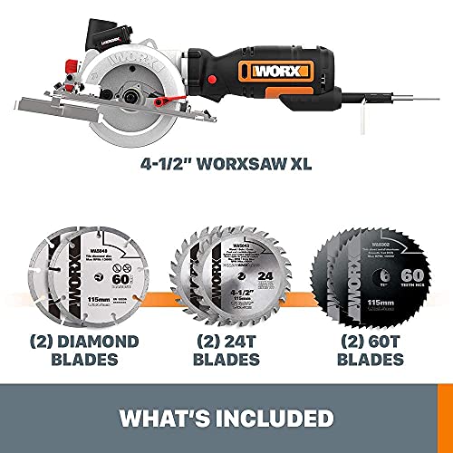 WORX WX427L 6A 4-1/2" Compact Circular Saw, Hand-Held Corded Electric Circular Saw w/Laser Cutting Guide, 6 Saw Blades, Ideal for Wood, Plastic & Metal Cutting