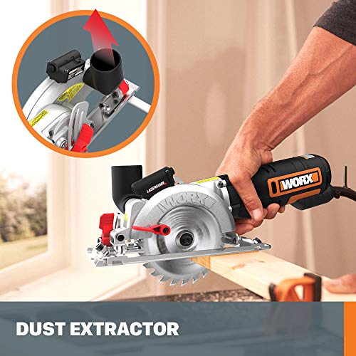 WORX WX427L 6A 4-1/2" Compact Circular Saw, Hand-Held Corded Electric Circular Saw w/Laser Cutting Guide, 6 Saw Blades, Ideal for Wood, Plastic & Metal Cutting