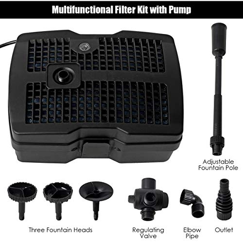 Goplus 4 in 1 Submersible Pond Filter Pump, 660 GPH Fountain Pump w/ 9-Watt Sterilizer, UV Light & 3 Nozzles, All-in-One Water Pond Cleaning System Outdoor for Aquariums Fish Tank (Black)