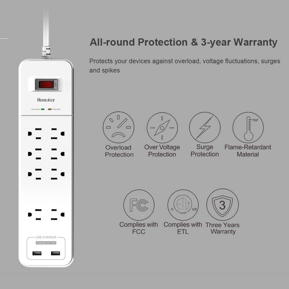 Huntkey Power Strip Surge Protector 4000 Joule, 3 USB Charger Port 12 Widely Space Outlet 6Ft Extension Cord Power Bar for Office Room (Black)