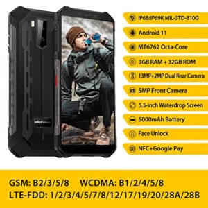 Rugged Smartphone Ulefone Armor X5 (2021), Waterproof IP68 Dual SIM Unlocked Phones, Global 4G LTE, 8-Octa-core Android 11, 3GB+32GB, 5000mAh Battery, Face Recognition, Bluetooth, NFC, Compass -Black