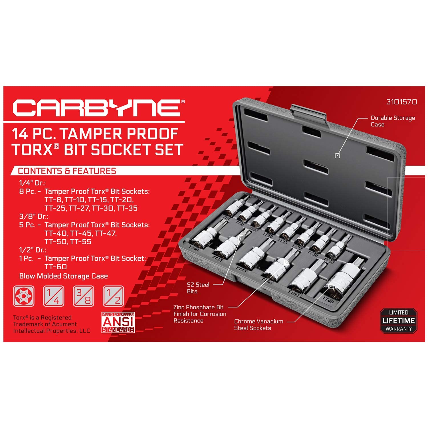 CARBYNE Tamper Proof Torx (aka Tamper Torx or Security Torx) Bit Socket Set - 14 Piece, T-8 to T-60 Sizes, S2 Steel Bits, CRV Sockets | 1/4-inch, 3/8-inch & 1/2-inch Drive