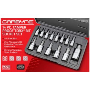 CARBYNE Tamper Proof Torx (aka Tamper Torx or Security Torx) Bit Socket Set - 14 Piece, T-8 to T-60 Sizes, S2 Steel Bits, CRV Sockets | 1/4-inch, 3/8-inch & 1/2-inch Drive