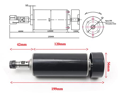 RATTMMOTOR 500W CNC Air Cooled Spindle Motor ER11 12000RPM + Input Voltage AC110V-220V Speed Controller with Power Supply + 52mm Clamp for CNC Router Milling Machine