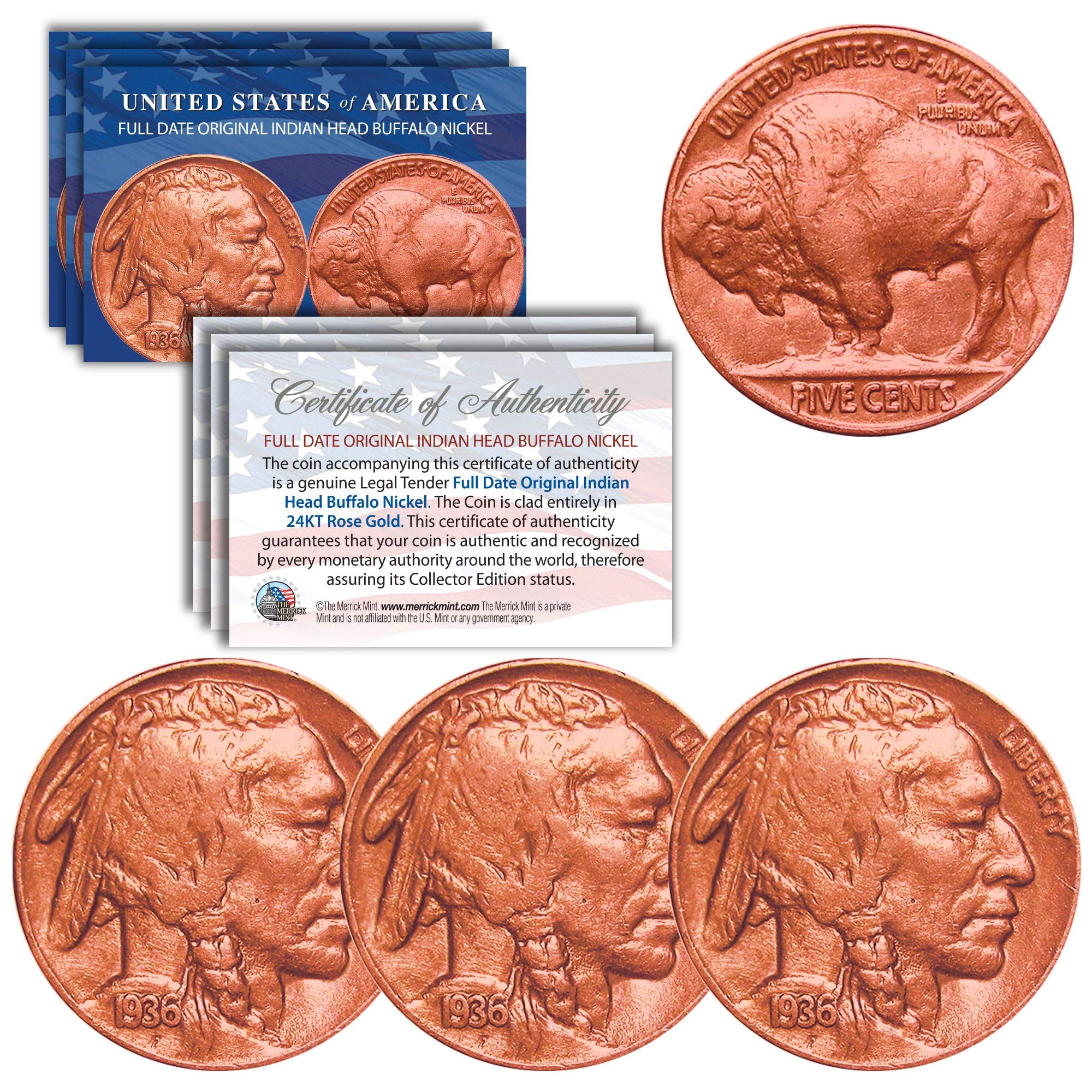 Full Date Buffalo Indian Nickels US Coins - Genuine Rose Gold Plated - Qty of 3