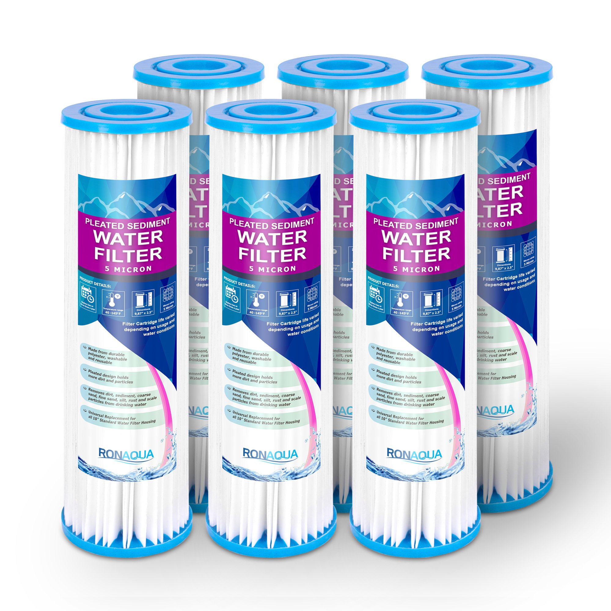 Ronaqua 6 Pleated Sediment Water Filter Cartridge 9.87”x 2.5” Amplified Surface Area, Removes Sand, Dirt, Rust, Extended Filter Life WELL-MATCHED with WHKF-WHPL, 801-50, WB-50W, WFPFC3002, SPC-25-1050