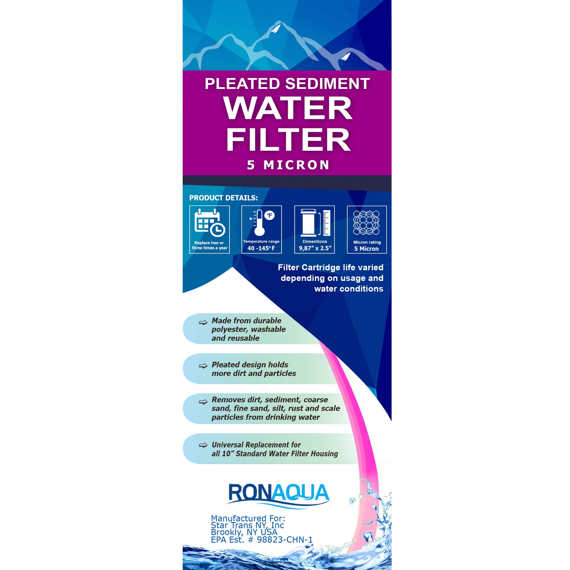 Ronaqua 6 Pleated Sediment Water Filter Cartridge 9.87”x 2.5” Amplified Surface Area, Removes Sand, Dirt, Rust, Extended Filter Life WELL-MATCHED with WHKF-WHPL, 801-50, WB-50W, WFPFC3002, SPC-25-1050