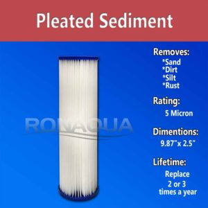 Ronaqua 6 Pleated Sediment Water Filter Cartridge 9.87”x 2.5” Amplified Surface Area, Removes Sand, Dirt, Rust, Extended Filter Life WELL-MATCHED with WHKF-WHPL, 801-50, WB-50W, WFPFC3002, SPC-25-1050