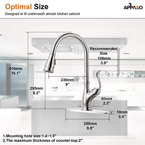 APPASO Pull Down Kitchen Faucet with 2-Mode Sprayer Brushed Nickel - Single Handle 1 Hole High Arc Pull Out Kitchen Sink Faucets, Stainless Steel, 170BN