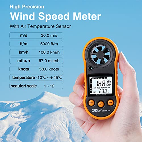 Digital Wind Speed Meter Anemometer Handhled Wind Gauges Air Flow Velocity Meter for Measuring Wind Chill Temperature Speed, Wind Meter Thermometer Gauge for Shooting Windsurfing Fishing Hunting