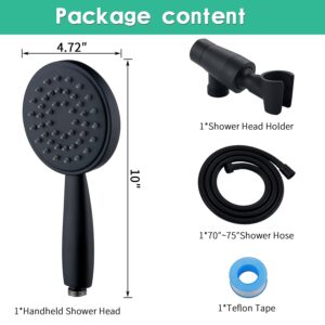 100% Metal Hand Held Shower Head with 70'' Hose and Holder | Made with Stainless Steel and Brass | High Pressure Handheld Showerhead, Adjustable Bracket，Extra Long Flexible Hose (Matte Black)