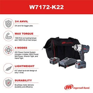 Ingersoll Rand W7172-K22 3/4" Impact Wrench and 2 Battery Kit, 4 Power Modes, Brushless Motor, 1500 ft-lbs Nut Busting Torque, 1000 ft-lbs Max Torque, LED Light Ring, Gray