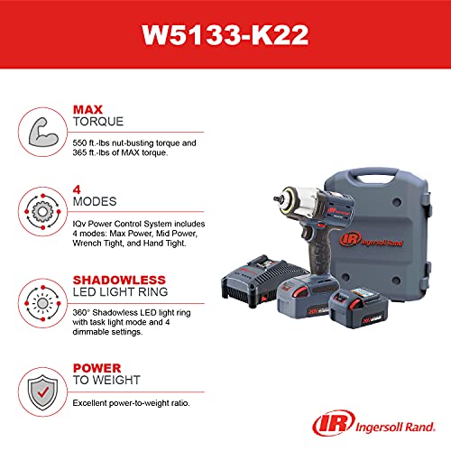 Ingersoll Rand W5133-K22 3/8" IQV20 Cordless Air Impact Wrench and Battery Kit with Brushless Motor, 360 Degree LED Light, 365 ft-lbs Max Torque, 4 Power Modes, Gray