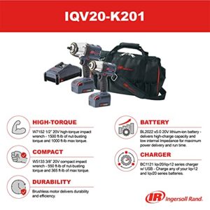 Ingersoll Rand IQV20-K201 Cordless Impact Wrench Combo Kit w/ W7152 1/2” High Torque Impact Wrench, W5133 3/8” Compact Impact Wrench, 2 Batteries, Universal Charger and Tool Bag