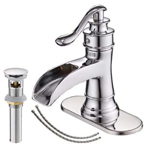 BATHLAVISH Bathroom Sink Faucet Chrome, Waterfall Bathroom Faucet, Single Hole Bathroom Faucet, Farmhouse Single Handle Vanity RV Lavatory with Pop Up Drain with Overflow