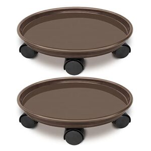 jznova 2 pack of 14 inch rolling plant pallet caddy with 5 wheels, round flower pot mover, indoor rolling planter dolly on wheels, outdoor planter trolley tray coaster, brown