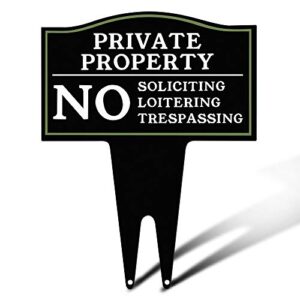 cigera private property no trespassing, no soliciting and no loitering signs with stake, 16x12.5 inch rust free metal yard warning signs, great for house and business