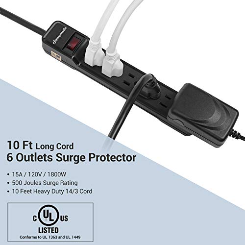 DEWENWILS 2-Pack 10FT Power Strip Surge Protector, 6-Outlet Strip with Low Profile Flat Plug, 15 Amp Circuit Breaker, 500 Joules, Wall Mount, Black, UL Listed