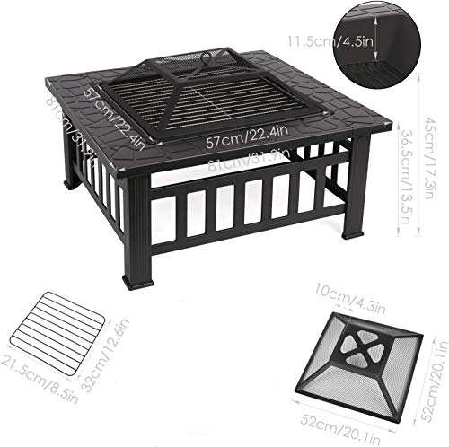 Mcombo 32" Metal Fire Pit Square Table Backyard Patio Terrace Fire Bowl Heater/BBQ/Ice Pit with Charcoal Rack Waterproof Cover 0039, Black