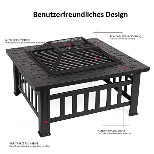 Mcombo 32" Metal Fire Pit Square Table Backyard Patio Terrace Fire Bowl Heater/BBQ/Ice Pit with Charcoal Rack Waterproof Cover 0039, Black