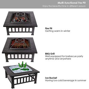 Mcombo 32" Metal Fire Pit Square Table Backyard Patio Terrace Fire Bowl Heater/BBQ/Ice Pit with Charcoal Rack Waterproof Cover 0039, Black