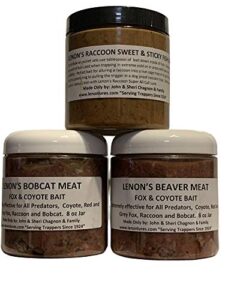 lenon lures trappers 3 pack of coyote, bobcat, fox and raccoon trapping bait 8 oz jars