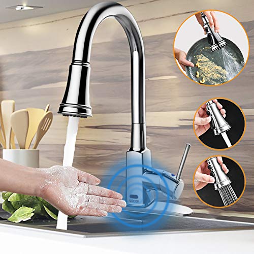 Touchless Kitchen Faucet,Soosi Motion Sensor Single Handle Automatic Kitchen Faucets One/3 Hole 3-Function Kitchen Faucets with Pull Down Sprayer Spot Free Polished Chrome Solid Brass Stainless Steel