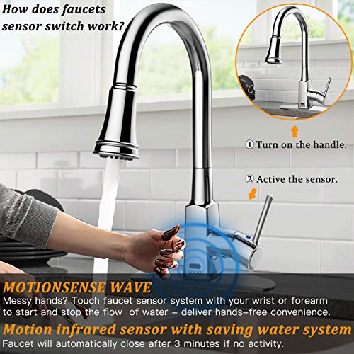Touchless Kitchen Faucet,Soosi Motion Sensor Single Handle Automatic Kitchen Faucets One/3 Hole 3-Function Kitchen Faucets with Pull Down Sprayer Spot Free Polished Chrome Solid Brass Stainless Steel