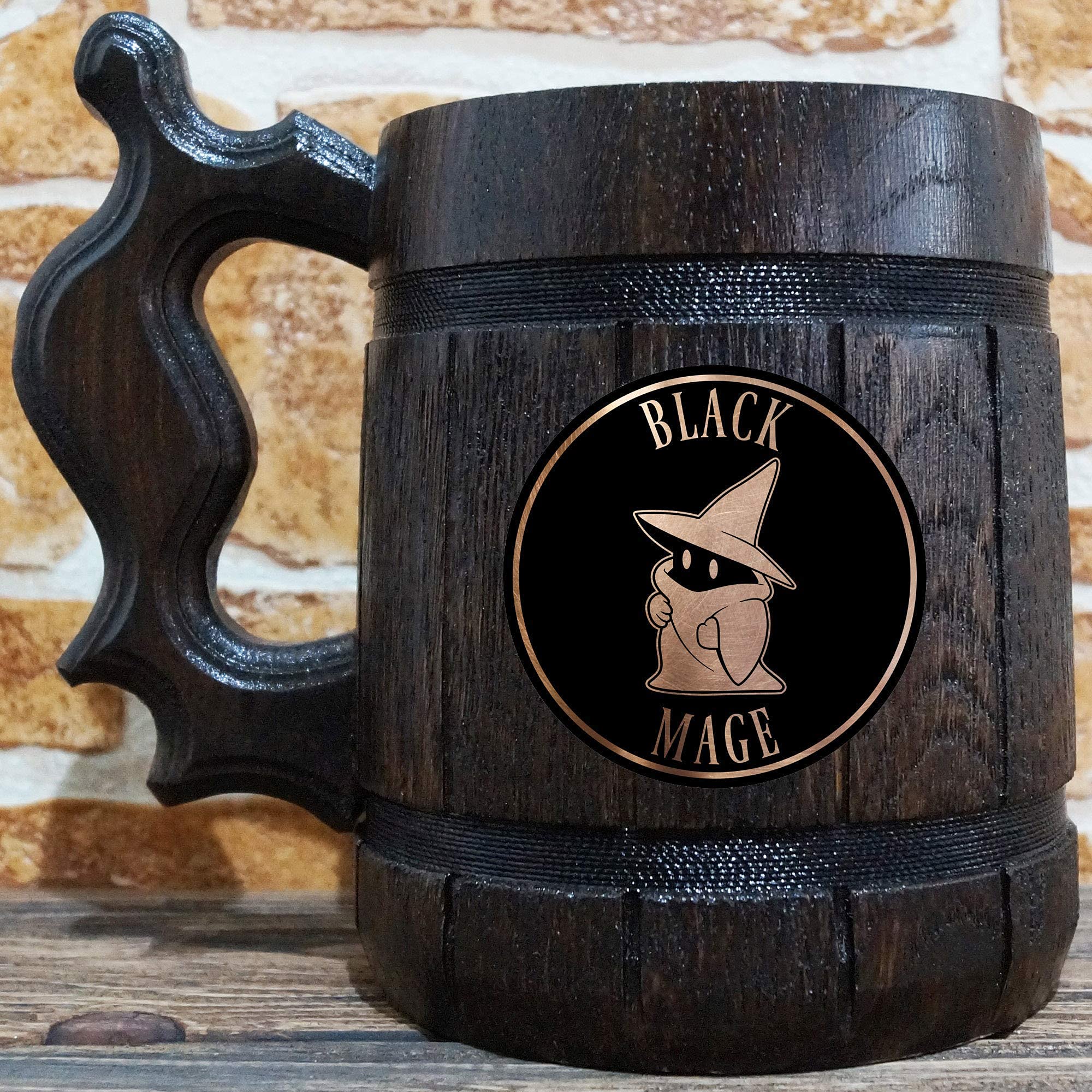 Black Mage Beer Mug, FF XIV Beer Stein, 22 oz, Wooden Gamer Gift, Personalized Beer Tankard, Custom Gift for Men, Gift for Him