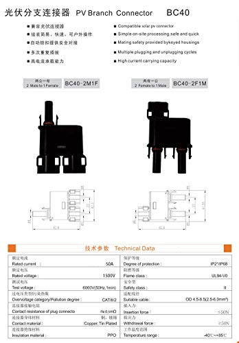 Witproton PV Solar Connector Branch Y T IP68 Waterproof 1000V 1500V Solid Copper Terminal 2 Male 1 Female and 2 Female 1 Male (2to1 Branch Connector)