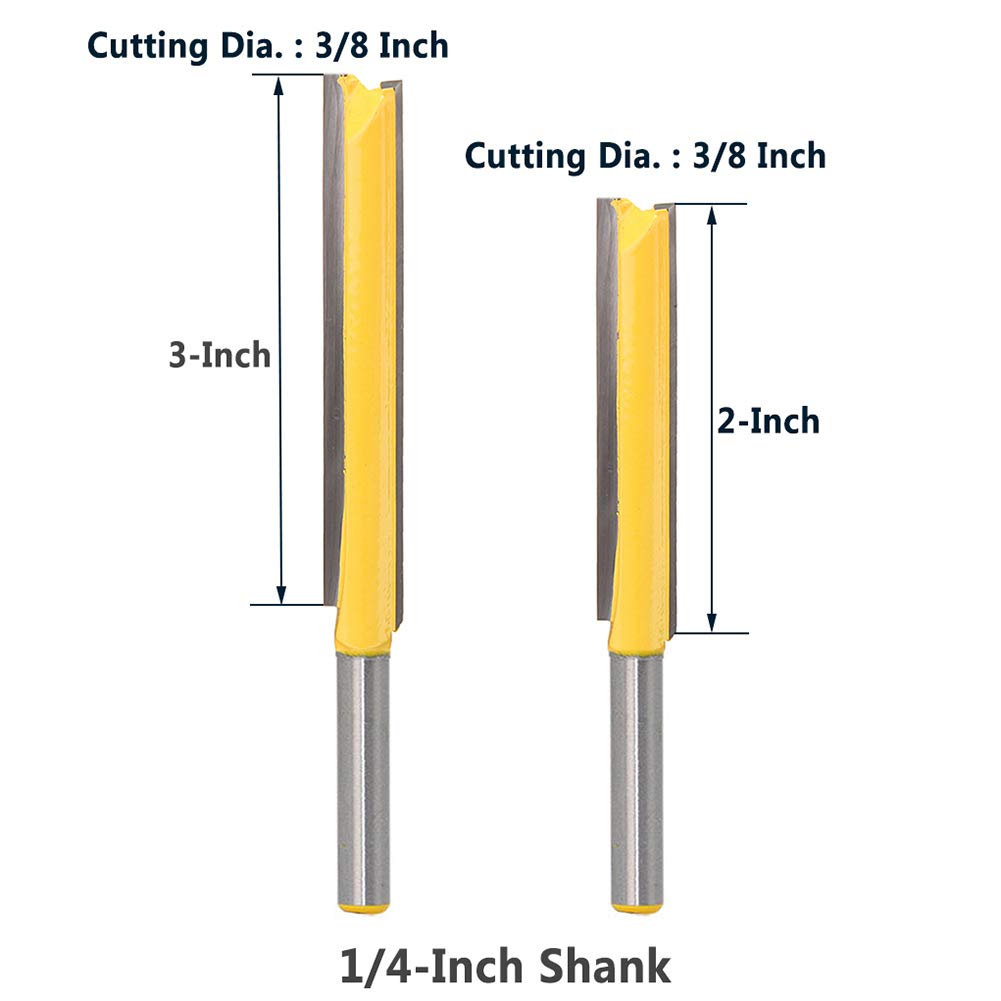 Yakamoz 2Pcs 1/4-Inch Shank Long Straight Router Bit Set Double Flute Straight Bits Wood Milling Cutter Woodworking Tools with 2" & 3" Cutting Height, 3/8" Cutting Dia.