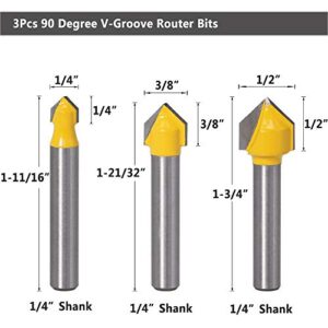 Yakamoz 6Pcs 1/4" Shank Carbide 90 Degree V-Groove and Round Nose Groove Router Bit Set 3D CNC Signmaking Lettering Engraving Cutter Woodworking Carving Cutting Tool