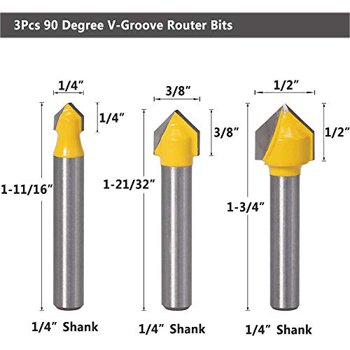 Yakamoz 6Pcs 1/4" Shank Carbide 90 Degree V-Groove and Round Nose Groove Router Bit Set 3D CNC Signmaking Lettering Engraving Cutter Woodworking Carving Cutting Tool