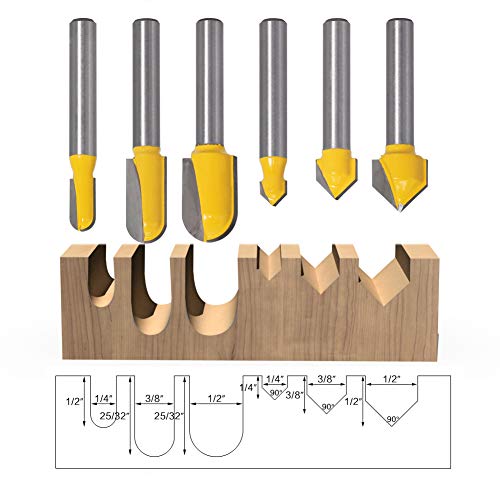 Yakamoz 6Pcs 1/4" Shank Carbide 90 Degree V-Groove and Round Nose Groove Router Bit Set 3D CNC Signmaking Lettering Engraving Cutter Woodworking Carving Cutting Tool