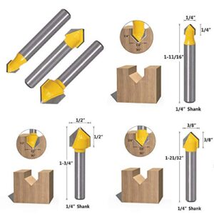 Yakamoz 6Pcs 1/4" Shank Carbide 90 Degree V-Groove and Round Nose Groove Router Bit Set 3D CNC Signmaking Lettering Engraving Cutter Woodworking Carving Cutting Tool