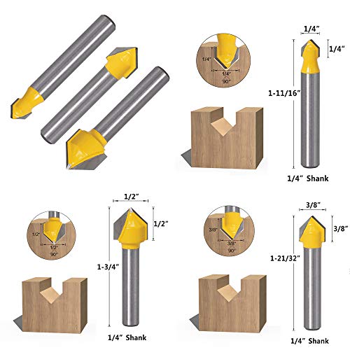 Yakamoz 6Pcs 1/4" Shank Carbide 90 Degree V-Groove and Round Nose Groove Router Bit Set 3D CNC Signmaking Lettering Engraving Cutter Woodworking Carving Cutting Tool