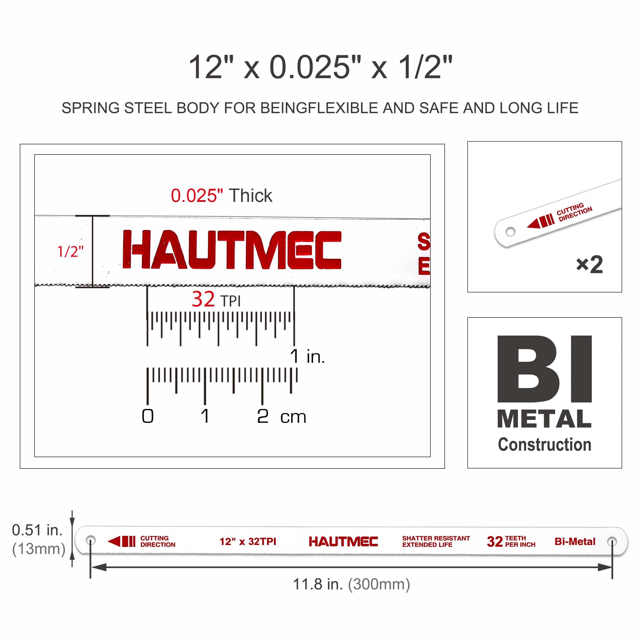 HAUTMEC 12" Hacksaw Blades Replacement Bi-Metal 32 TPI High Speed Steel Grounded Teeth, Safe-Flex Hand Hacksaw Blade 2 Pack HT0018-2PC