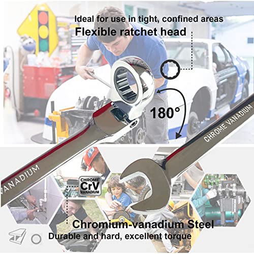 TR TOOLROCK 12pcs Flex Head Ratcheting Wrench Set- 8-19mm Metric Ratchet Combination Wrenches CrV Gear Spanner Set