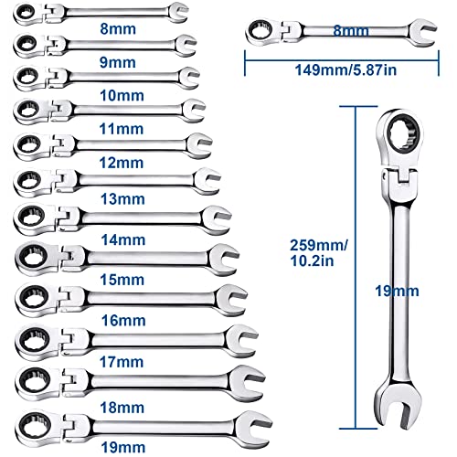 TR TOOLROCK 12pcs Flex Head Ratcheting Wrench Set- 8-19mm Metric Ratchet Combination Wrenches CrV Gear Spanner Set