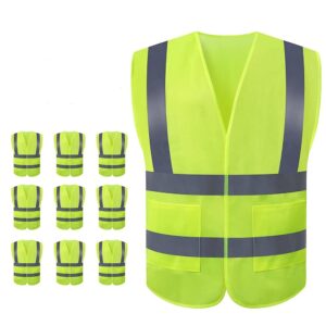 jsungo high visibility safety vest 10 pack, yellow reflective vest with 2 inch hi vis silver strip, construction vest for men & women, universal size
