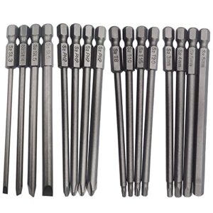 Wolfride 16pcs Long Magnetic Screwdriver Bits Set Slotted+Cross+Torx+Hex Drill Bit Set 1/4 Inch Hex Shank 100mm Length