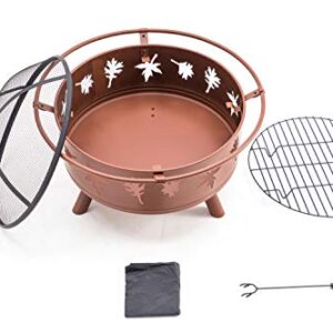 Mcombo 32" Metal Bronze Fire Pit Round Table Backyard Patio Terrace Fire Bowl Heater/BBQ/Ice Pit with Charcoal Rack Waterproof Cover 0146, Bronze