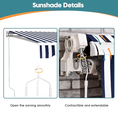 MCombo 12x10 Feet Manual Retractable Patio Door Window Awning Sunshade Shelter Outdoor Canopy (Ocean Blue with White Stripes)