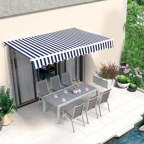 MCombo 12x10 Feet Manual Retractable Patio Door Window Awning Sunshade Shelter Outdoor Canopy (Ocean Blue with White Stripes)