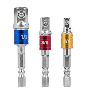 maexus impact grade socket adapter extension set, turns power drill into high-speed nut driver, 1/4" 3/8" 1/2" drive, socket to drill adapter for impact drivers (3 pcs)