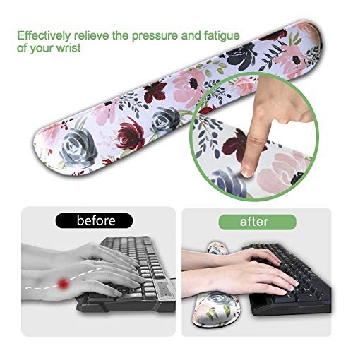 Dooke Keyboard Wrist Rest Pad and Mouse Wrist Rest Support, Comfort Wrist Rest Pad with Non-Slip Rubber Base & Memory Foam Support for Working Gaming Fatigue Pain Relief Art Flowers