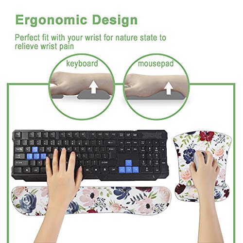 Dooke Keyboard Wrist Rest Pad and Mouse Wrist Rest Support, Comfort Wrist Rest Pad with Non-Slip Rubber Base & Memory Foam Support for Working Gaming Fatigue Pain Relief Art Flowers